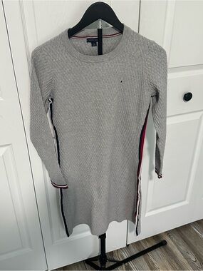 Tommy Hilfiger Gray Cable-Knit Sweater Dress with Tricolor Side Stripes